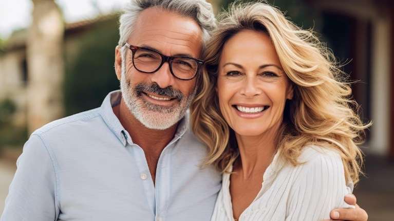 Smiling middle-aged couple outdoors showing bright, healthy teeth after dental implants.